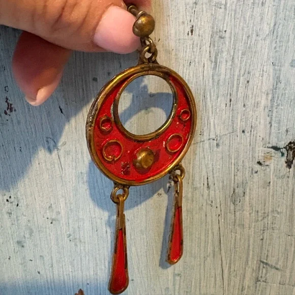 Vintage Mexico, early 1950’s, Red & Gold Dangle Earrings - Picture 10 of 13
